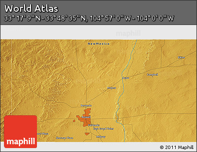 Physical 3D Map of the Area around 33° 32' 52" N, 104° 28' 29" W