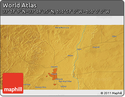 Physical 3D Map of the Area around 33° 32' 52" N, 104° 28' 29" W
