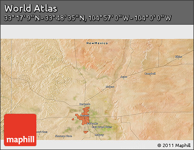 Satellite 3D Map of the Area around 33° 32' 52" N, 104° 28' 29" W
