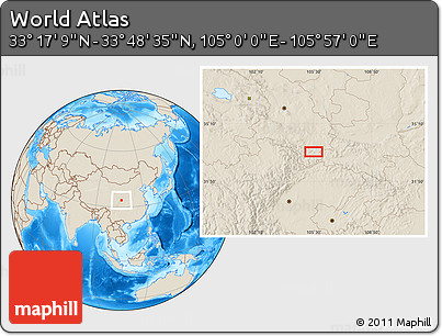 Shaded Relief Location Map of the Area around 33° 32' 52" N, 105° 28' 29" E