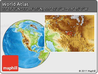 Physical Location Map of the Area around 33° 32' 52" N, 108° 43' 29" W