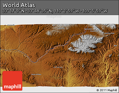 Physical 3D Map of the Area around 33° 32' 52" N, 109° 34' 29" W