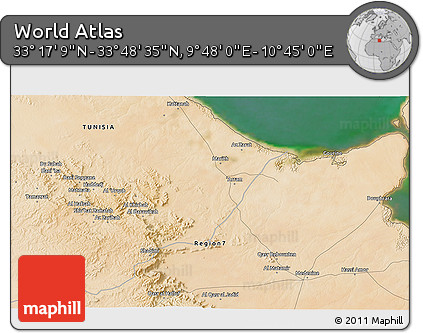 Satellite 3D Map of the Area around 33° 32' 52" N, 10° 16' 30" E