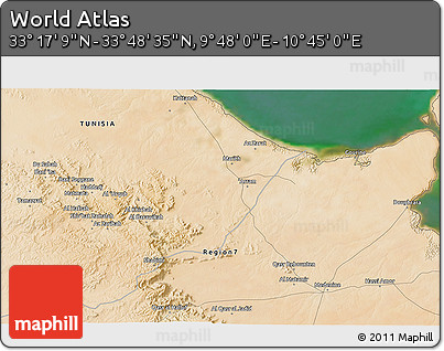 Satellite 3D Map of the Area around 33° 32' 52" N, 10° 16' 30" E