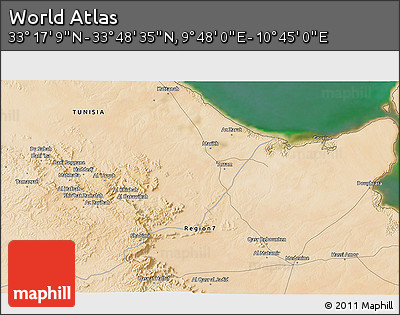 Satellite 3D Map of the Area around 33° 32' 52" N, 10° 16' 30" E