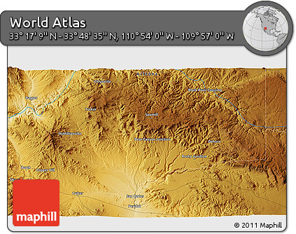 Physical 3D Map of the Area around 33° 32' 52" N, 110° 25' 30" W