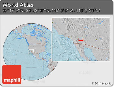 Gray Location Map of the Area around 33° 32' 52" N, 115° 31' 30" W, hill shading