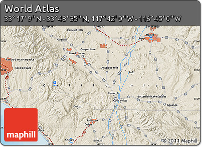 Shaded Relief Map of the Area around 33° 32' 52" N, 117° 13' 29" W