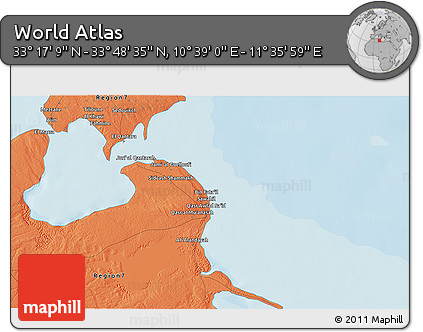 Political 3D Map of the Area around 33° 32' 52" N, 11° 7' 30" E