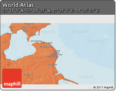 Political 3D Map of the Area around 33° 32' 52" N, 11° 7' 30" E