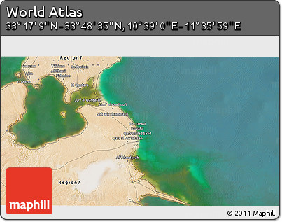 Satellite 3D Map of the Area around 33° 32' 52" N, 11° 7' 30" E