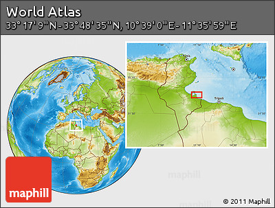 Physical Location Map of the Area around 33° 32' 52" N, 11° 7' 30" E
