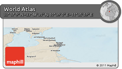 Shaded Relief Panoramic Map of the Area around 33° 32' 52" N, 11° 7' 30" E