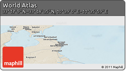 Shaded Relief Panoramic Map of the Area around 33° 32' 52" N, 11° 7' 30" E
