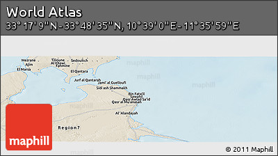 Shaded Relief Panoramic Map of the Area around 33° 32' 52" N, 11° 7' 30" E