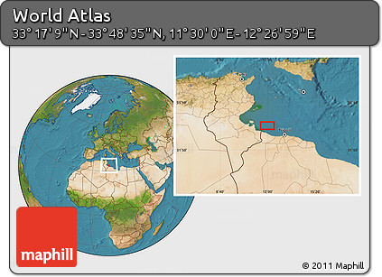 Satellite Location Map of the Area around 33° 32' 52" N, 11° 58' 29" E