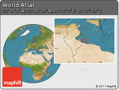 Satellite Location Map of the Area around 33° 32' 52" N, 11° 58' 29" E
