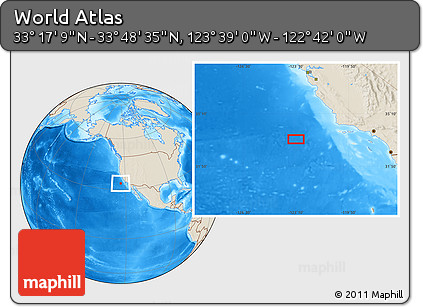 Shaded Relief Location Map of the Area around 33° 32' 52" N, 123° 10' 30" W