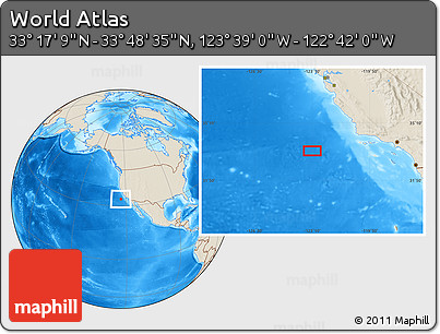 Shaded Relief Location Map of the Area around 33° 32' 52" N, 123° 10' 30" W