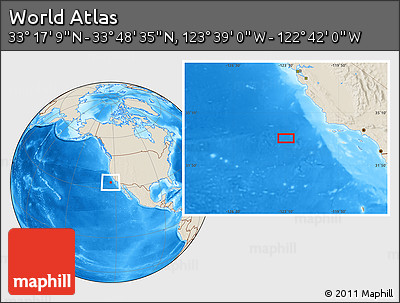 Shaded Relief Location Map of the Area around 33° 32' 52" N, 123° 10' 30" W