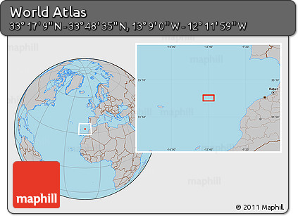 Gray Location Map of the Area around 33° 32' 52" N, 12° 40' 30" W