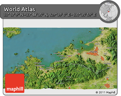 Satellite 3D Map of the Area around 33° 32' 52" N, 130° 7' 30" E