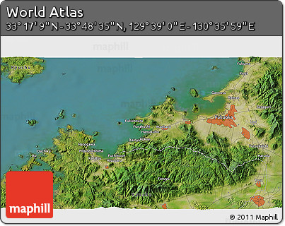 Satellite 3D Map of the Area around 33° 32' 52" N, 130° 7' 30" E