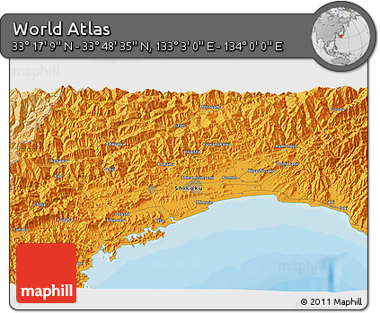 Political 3D Map of the Area around 33° 32' 52" N, 133° 31' 30" E