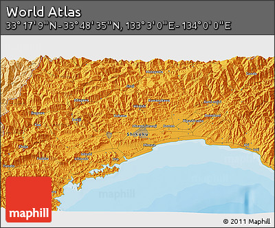 Political 3D Map of the Area around 33° 32' 52" N, 133° 31' 30" E