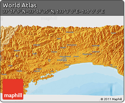 Political 3D Map of the Area around 33° 32' 52" N, 133° 31' 30" E