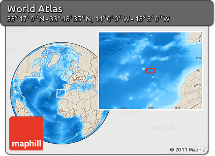 Shaded Relief Location Map of the Area around 33° 32' 52" N, 13° 31' 30" W