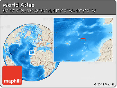 Shaded Relief Location Map of the Area around 33° 32' 52" N, 13° 31' 30" W