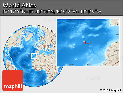 Shaded Relief Location Map of the Area around 33° 32' 52" N, 13° 31' 30" W