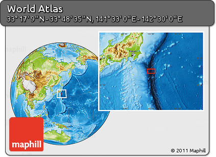 Physical Location Map of the Area around 33° 32' 52" N, 142° 1' 30" E