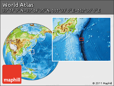 Physical Location Map of the Area around 33° 32' 52" N, 142° 1' 30" E
