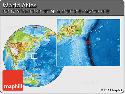 Physical Location Map of the Area around 33° 32' 52" N, 142° 1' 30" E