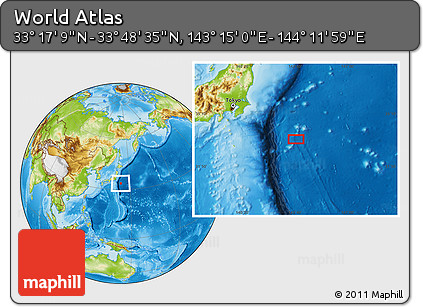 Physical Location Map of the Area around 33° 32' 52" N, 143° 43' 29" E