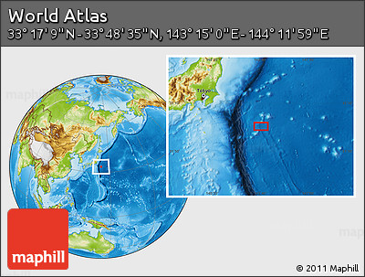 Physical Location Map of the Area around 33° 32' 52" N, 143° 43' 29" E