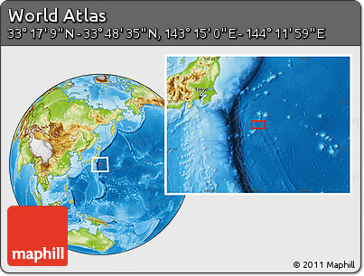 Physical Location Map of the Area around 33° 32' 52" N, 143° 43' 29" E