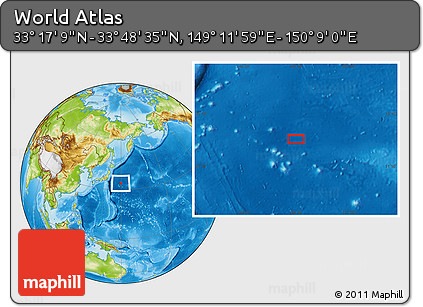 Physical Location Map of the Area around 33° 32' 52" N, 149° 40' 30" E