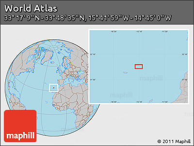 Gray Location Map of the Area around 33° 32' 52" N, 15° 13' 29" W