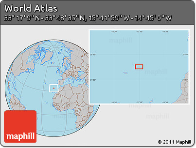 Gray Location Map of the Area around 33° 32' 52" N, 15° 13' 29" W