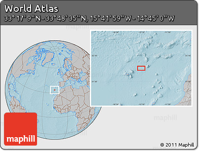 Gray Location Map of the Area around 33° 32' 52" N, 15° 13' 29" W, hill shading