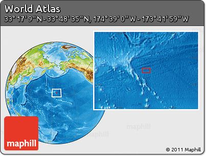 Physical Location Map of the Area around 33° 32' 52" N, 174° 10' 30" W