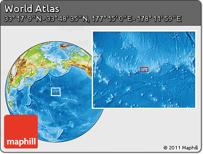 Physical Location Map of the Area around 33° 32' 52" N, 177° 43' 29" E