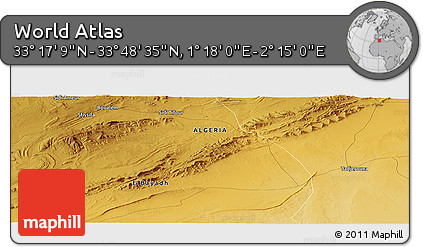 Physical Panoramic Map of the Area around 33° 32' 52" N, 1° 46' 29" E