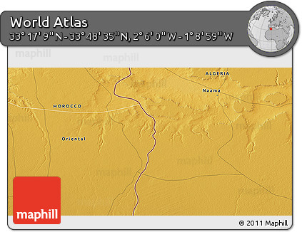 Physical 3D Map of the Area around 33° 32' 52" N, 1° 37' 30" W