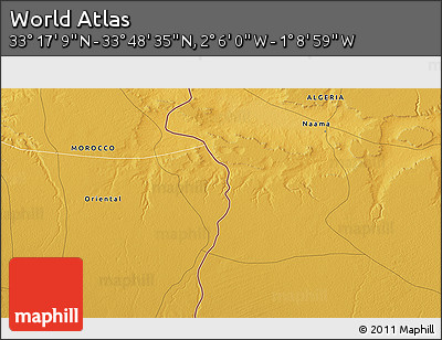 Physical 3D Map of the Area around 33° 32' 52" N, 1° 37' 30" W