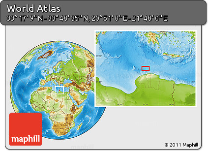Physical Location Map of the Area around 33° 32' 52" N, 21° 19' 30" E