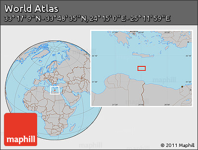 Gray Location Map of the Area around 33° 32' 52" N, 24° 43' 30" E